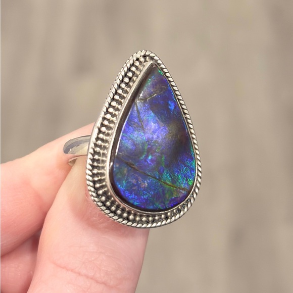 Vintage Sterling Large Blue Ammolite Ring, Triangle Doublet Adjustable Band